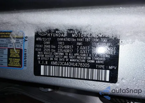 2017 Hyundai Tucson Se from USA, damaged, VIN KM8J3CA40HU478305